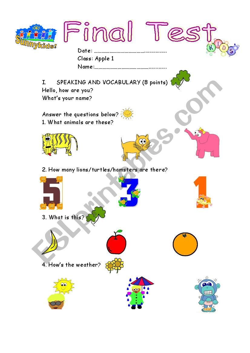 Test for Kids - ESL worksheet by Sunnykids