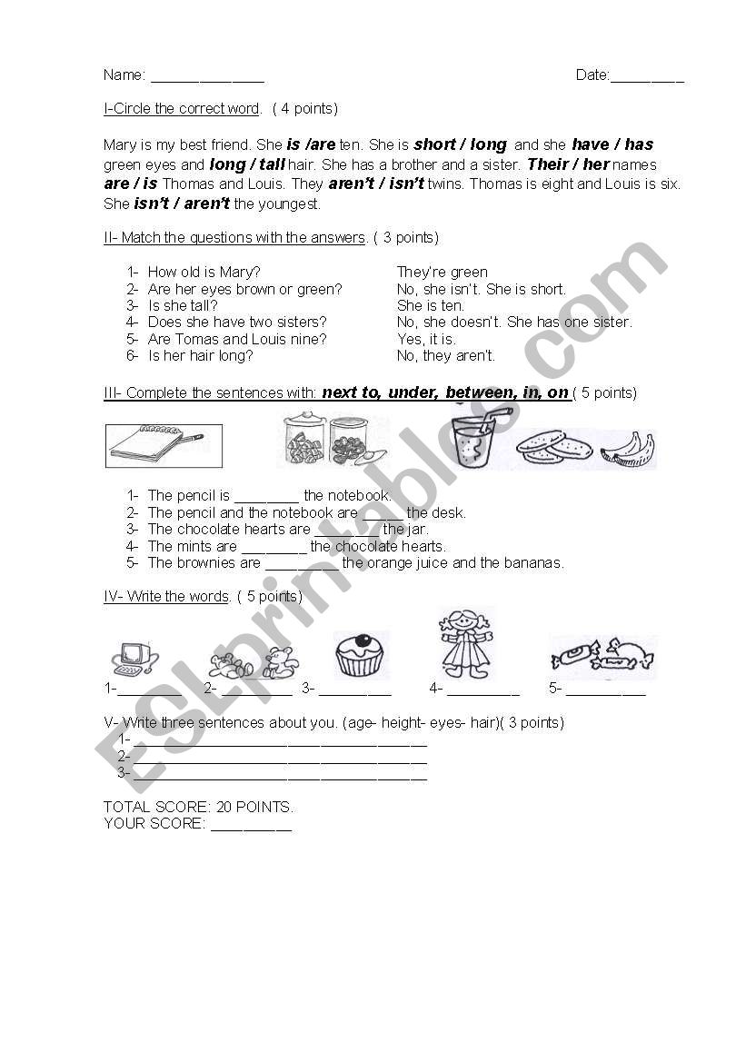 preposition of place test  worksheet