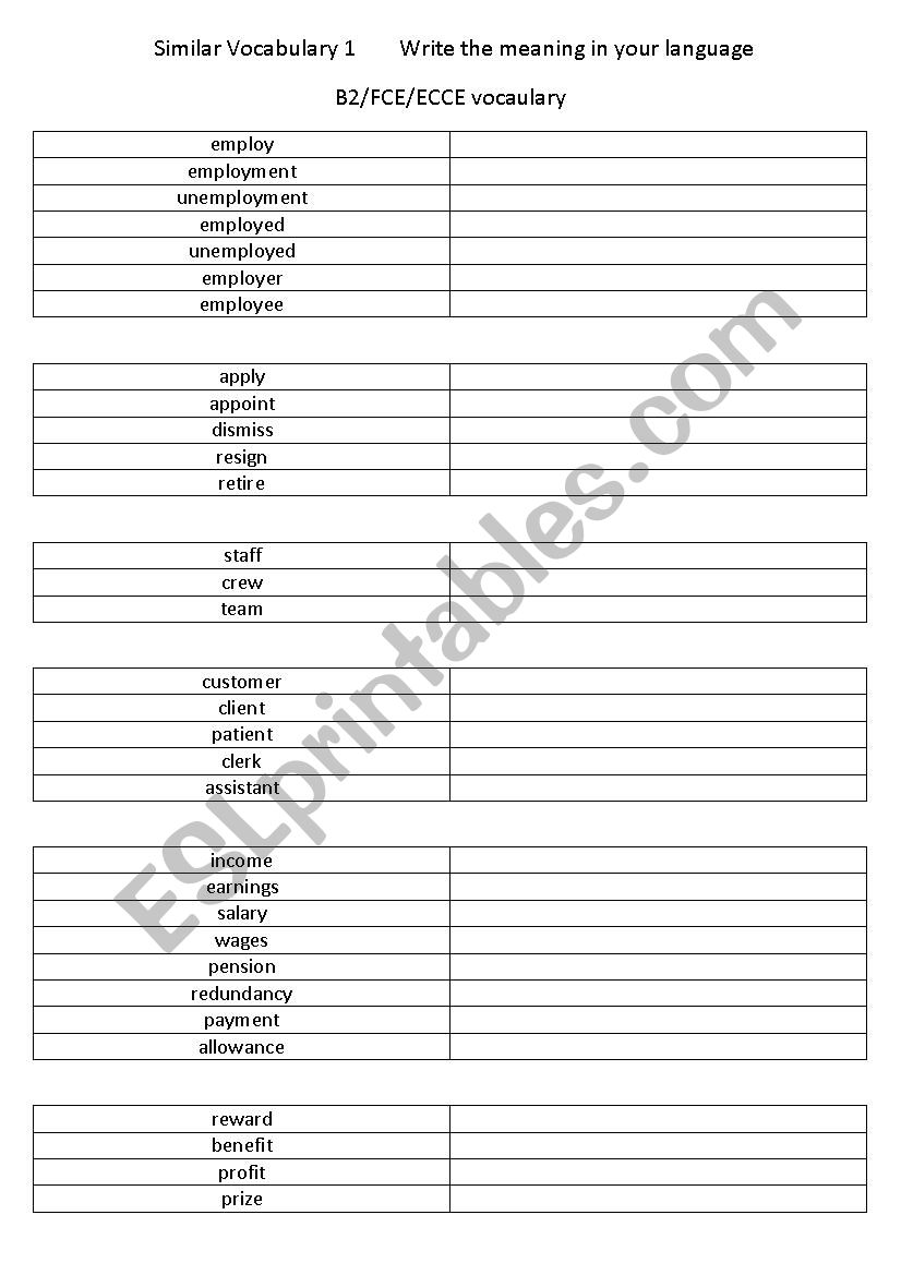 Similar words B2 vocabulary worksheet
