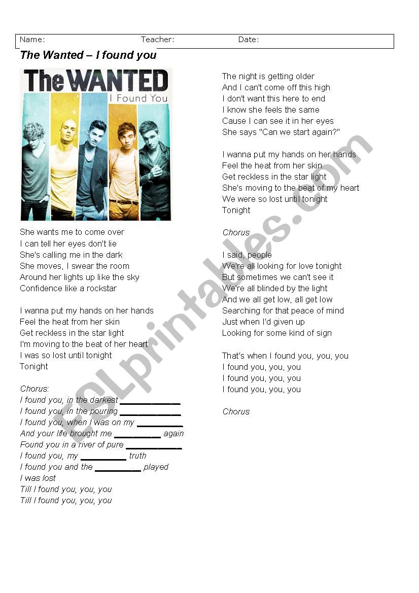 I found you - The Wanted WITH ANSWER KEY!