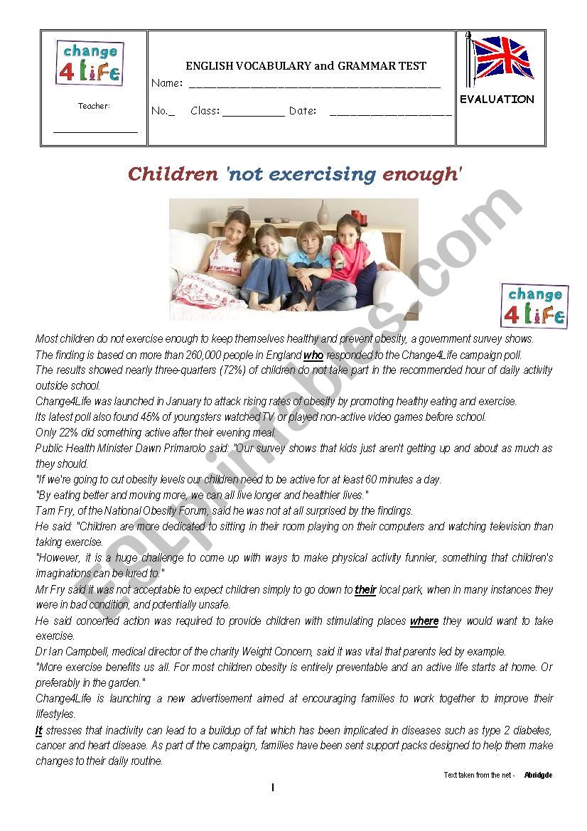 test - Children not exercising enough