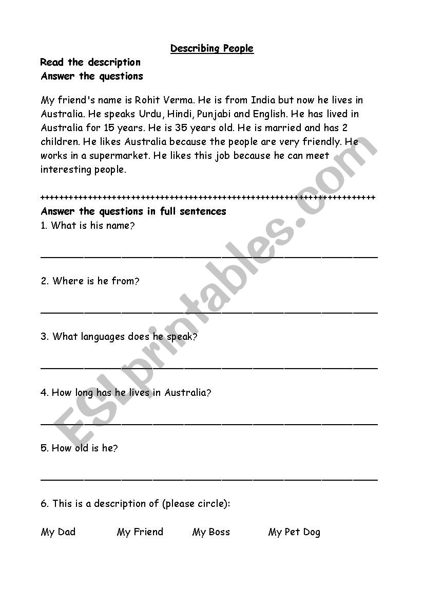 My Friend Rohit worksheet