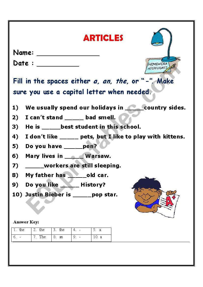 articles worksheet for class 11