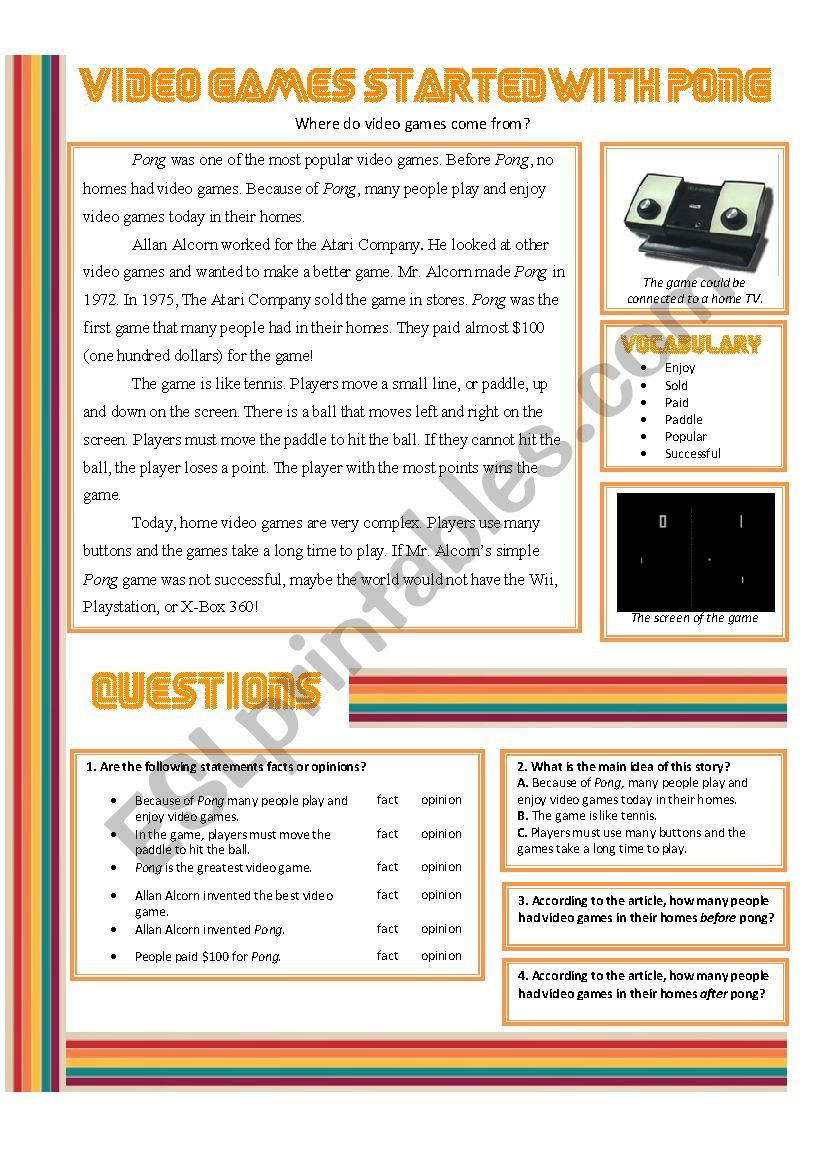 Video Games Started With Pong worksheet