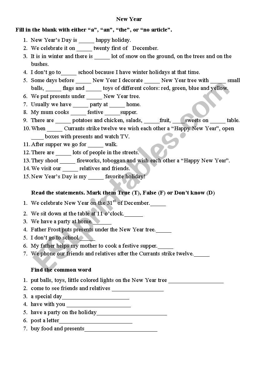 New Years Day worksheet