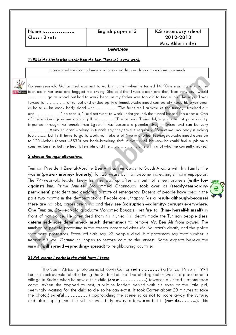 test for 2 nd form tunisian students