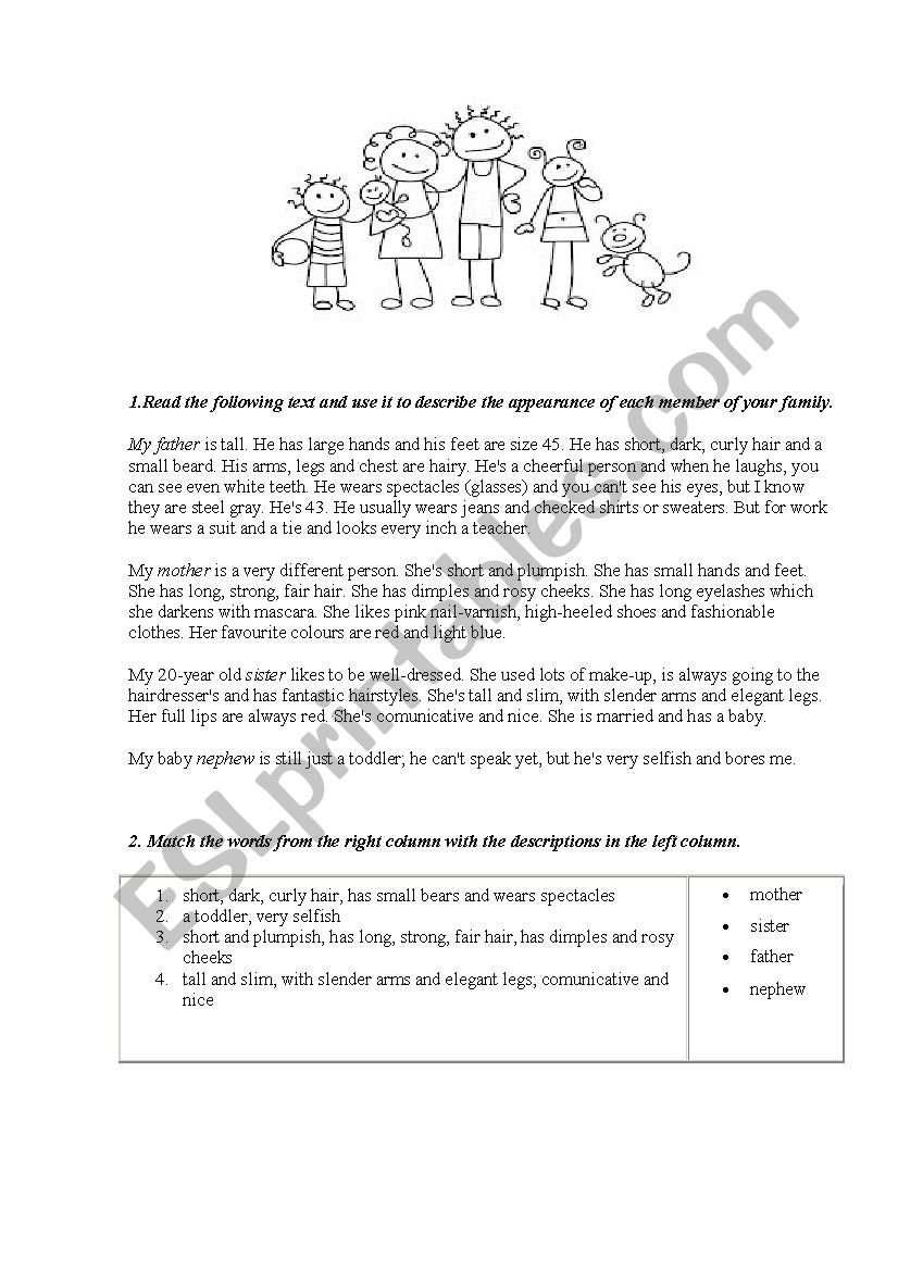 Family and appearence worksheet