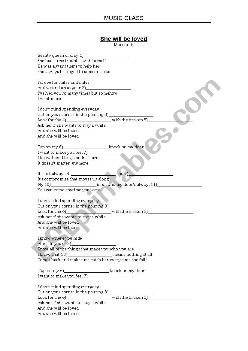 Song: She will be loved worksheet
