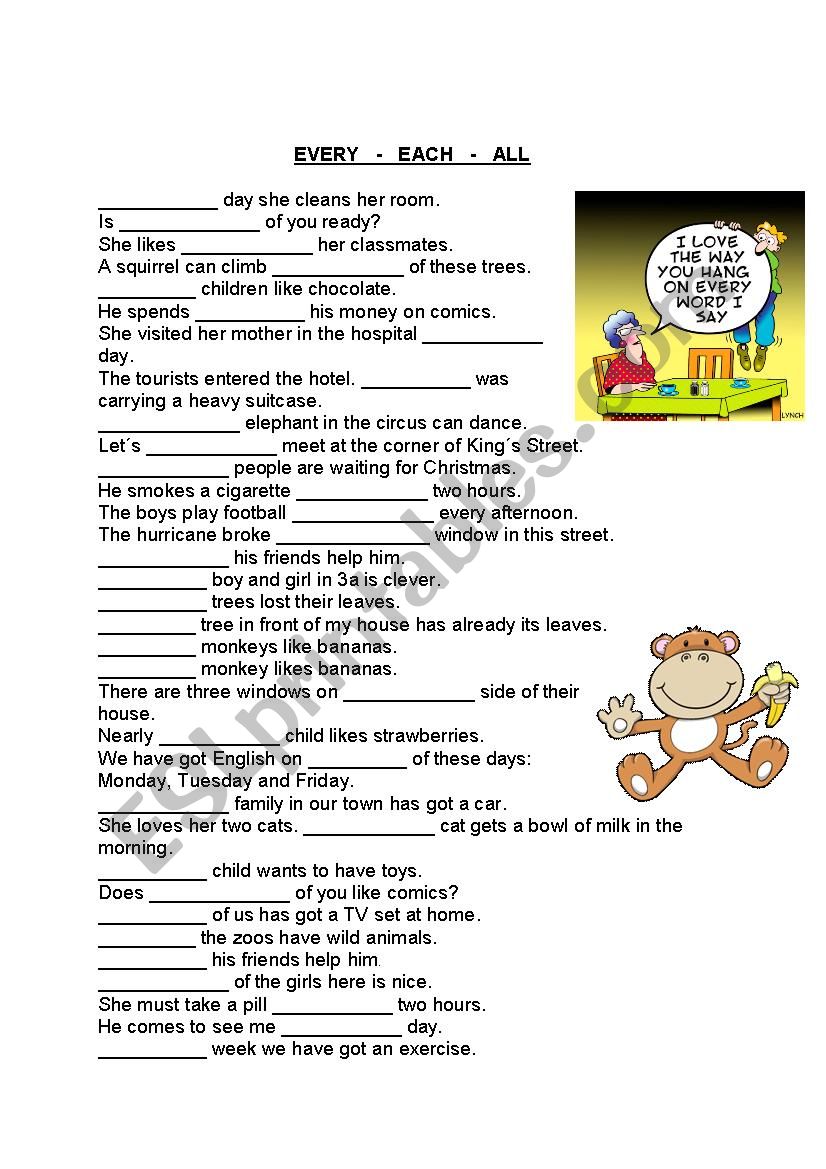 every, each, all worksheet