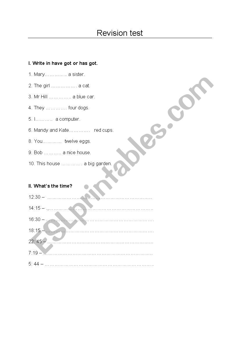 Revision test worksheet