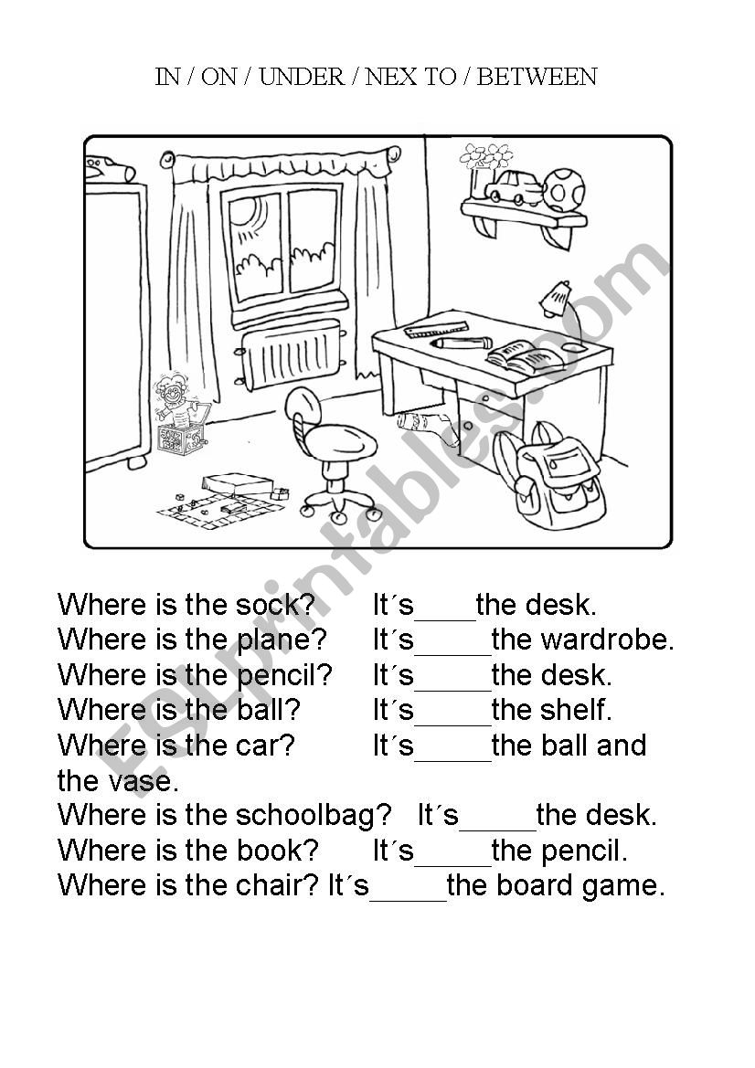 Prepositions in the bedroom worksheet