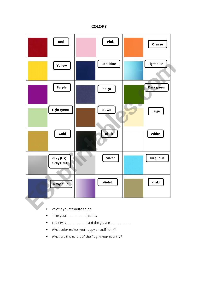 COLORS (US) or COLOURS (UK) worksheet