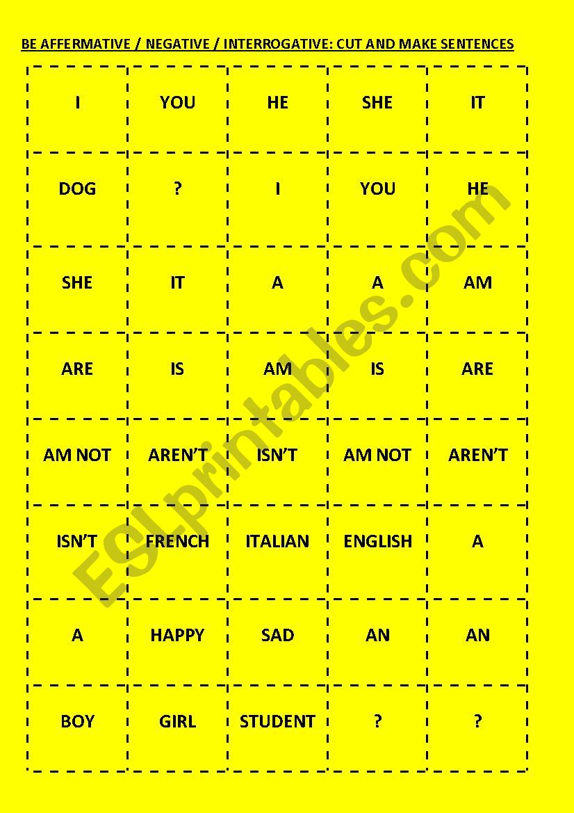 be affermative, negative, interrogative: cut and make sentences