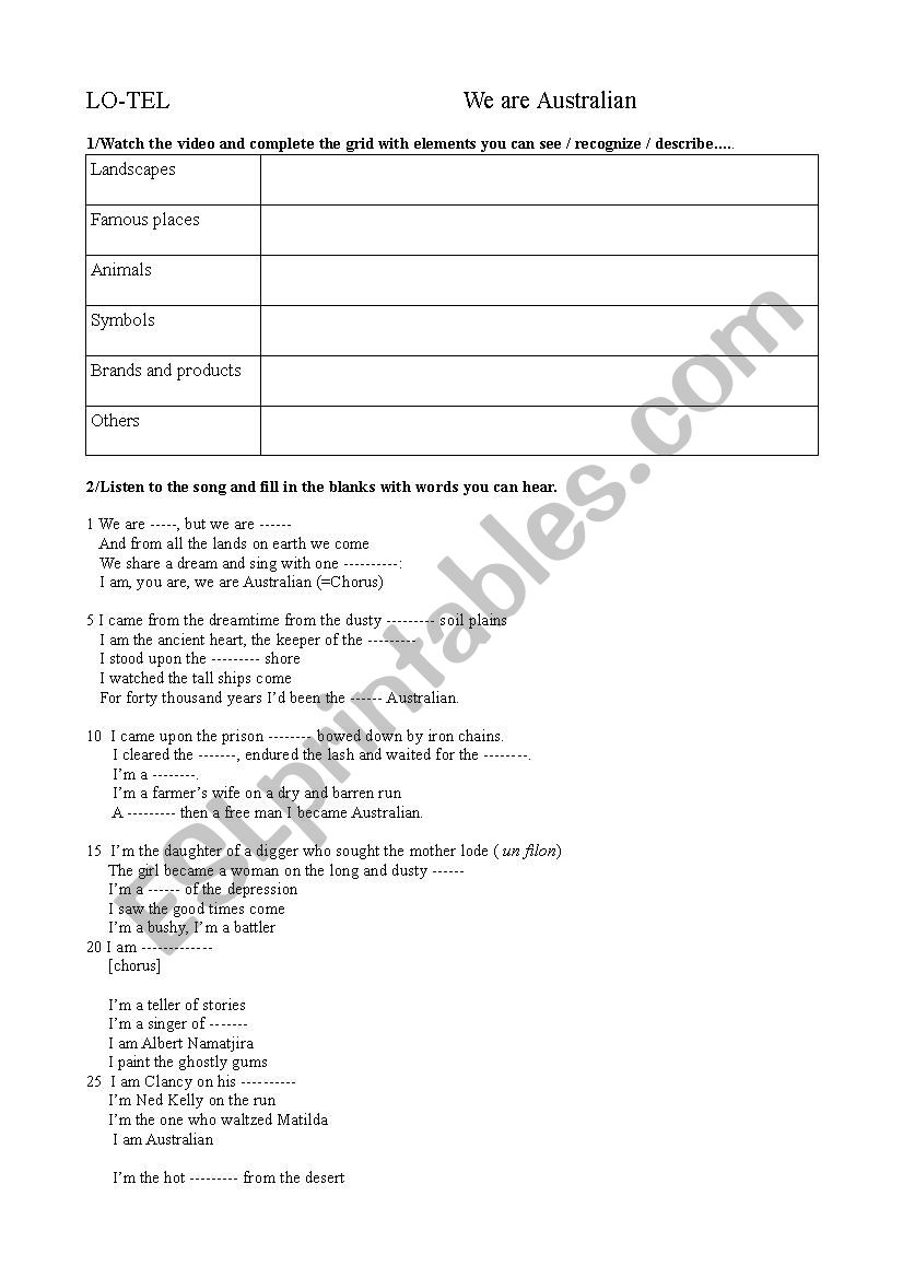 We are Australian worksheet