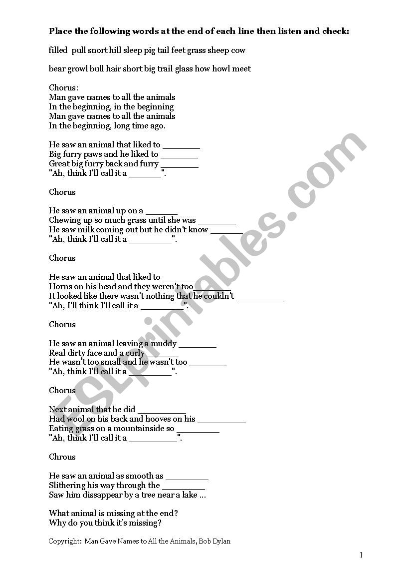 Man Gave Name to All the Animals Song - Bob Dylan - ESL worksheet by  fearless338