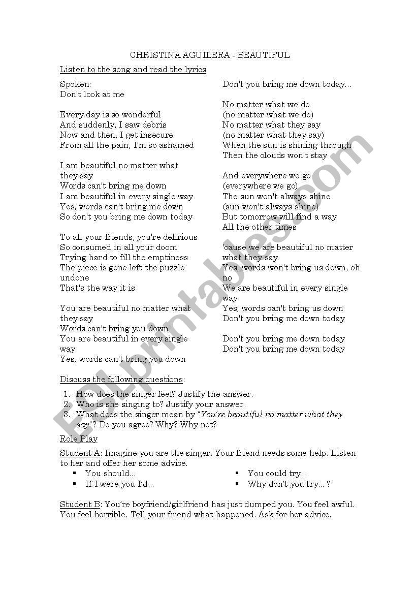 Beautiful by Christina Aguilera (Song and Speaking Activity)