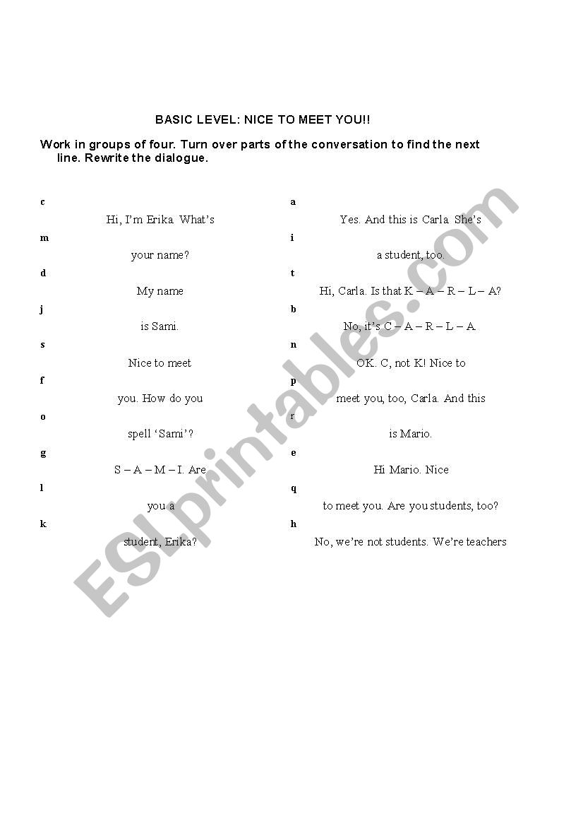 nice to meet you!! worksheet