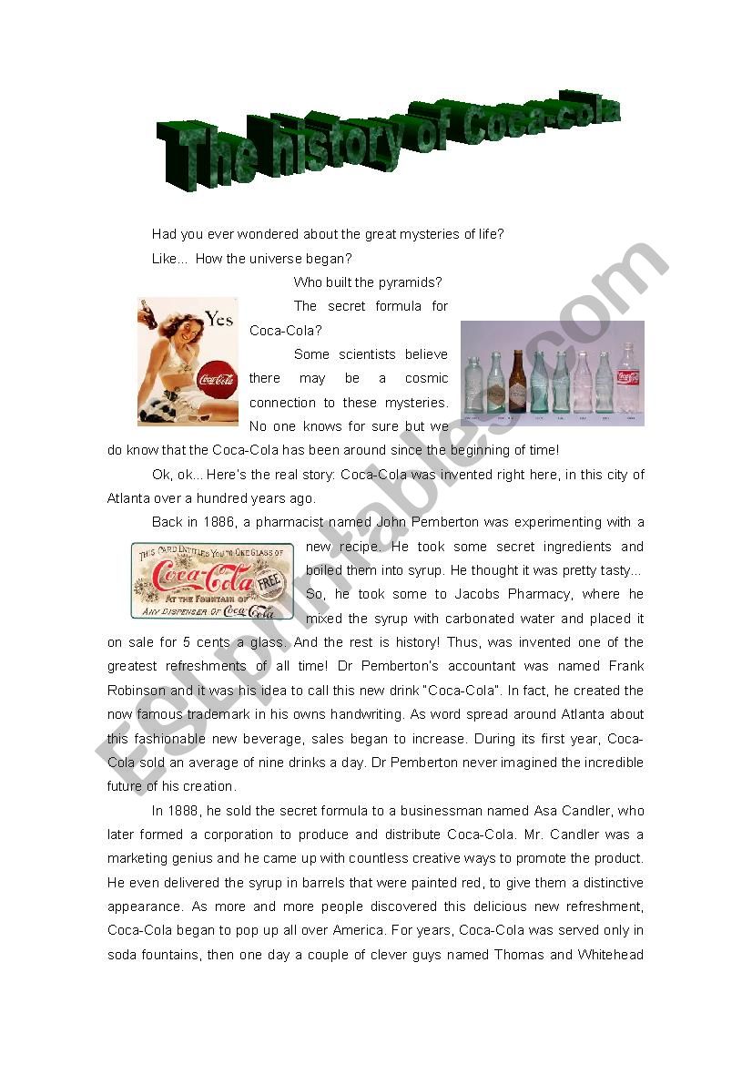 The history of Coca-cola worksheet