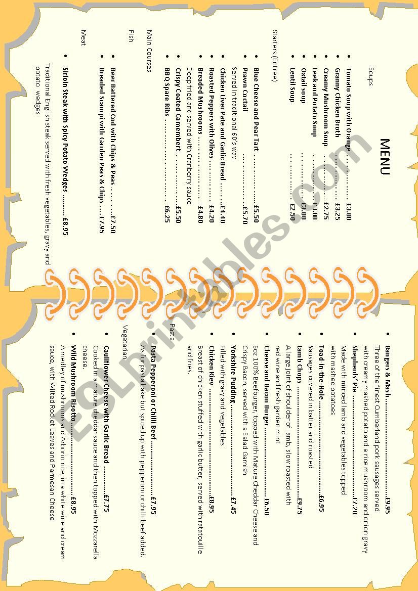 Restaurant Menu worksheet