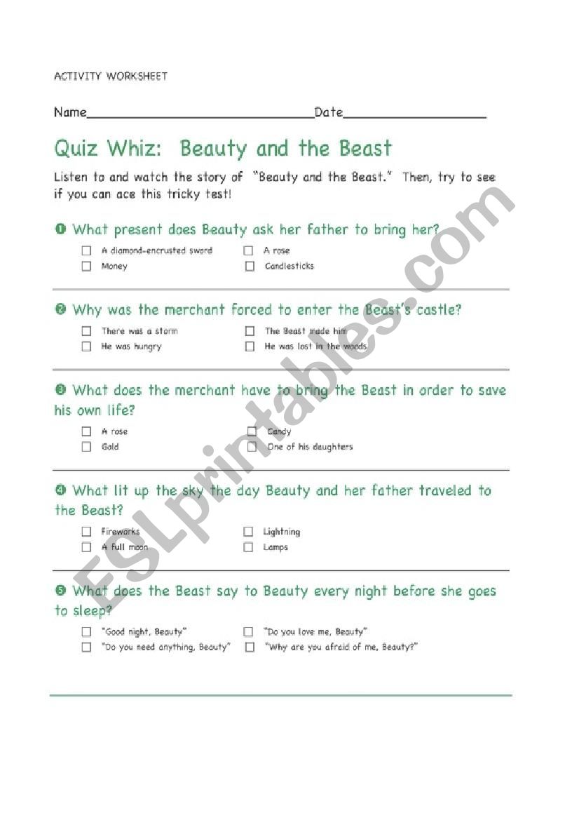 beauty and the beast worksheet