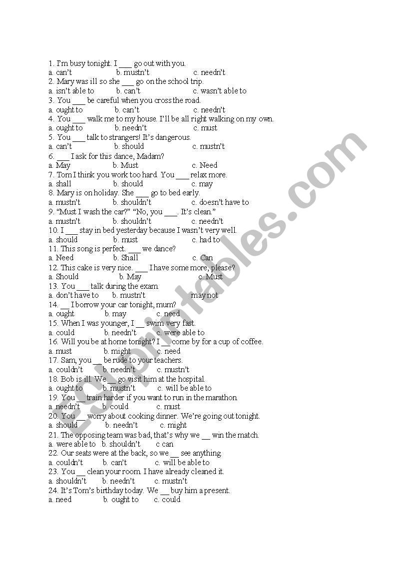 Modal Verbs-Multiple Choices worksheet