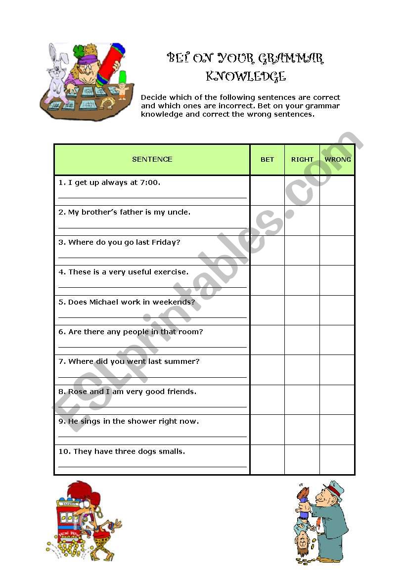 bet on your grammar knowledge worksheet