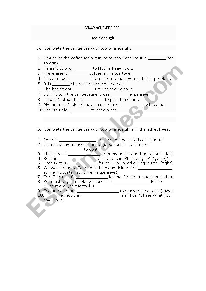 grammar too/enough worksheet