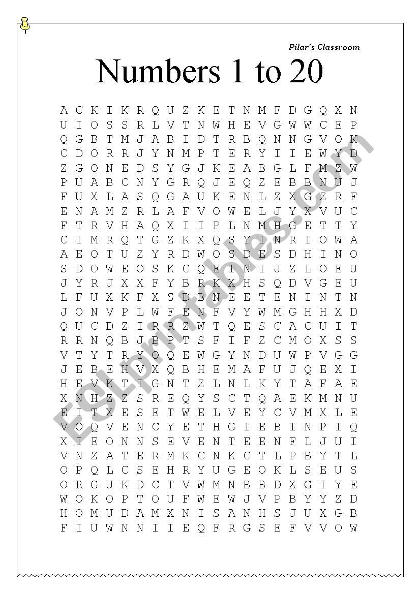 Wordsearch: Numbers 1 to 20 worksheet