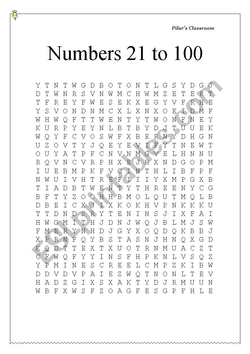 Wordsearch: Numbers 21 to 100 worksheet