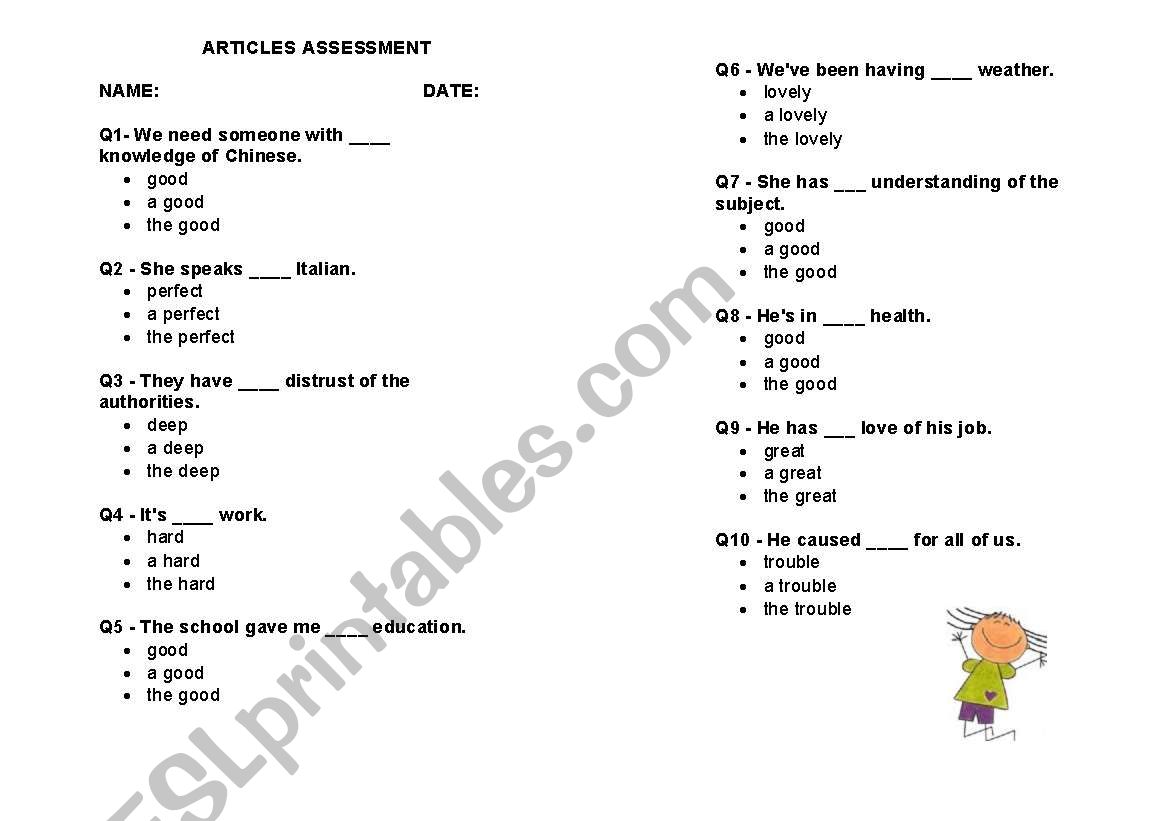 articles worksheet