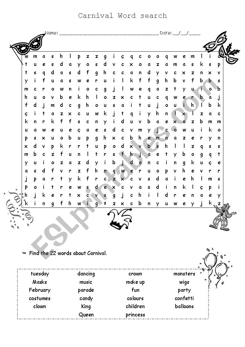 carnival word search worksheet