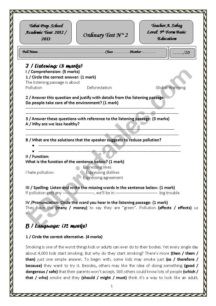 Ordinary Test worksheet