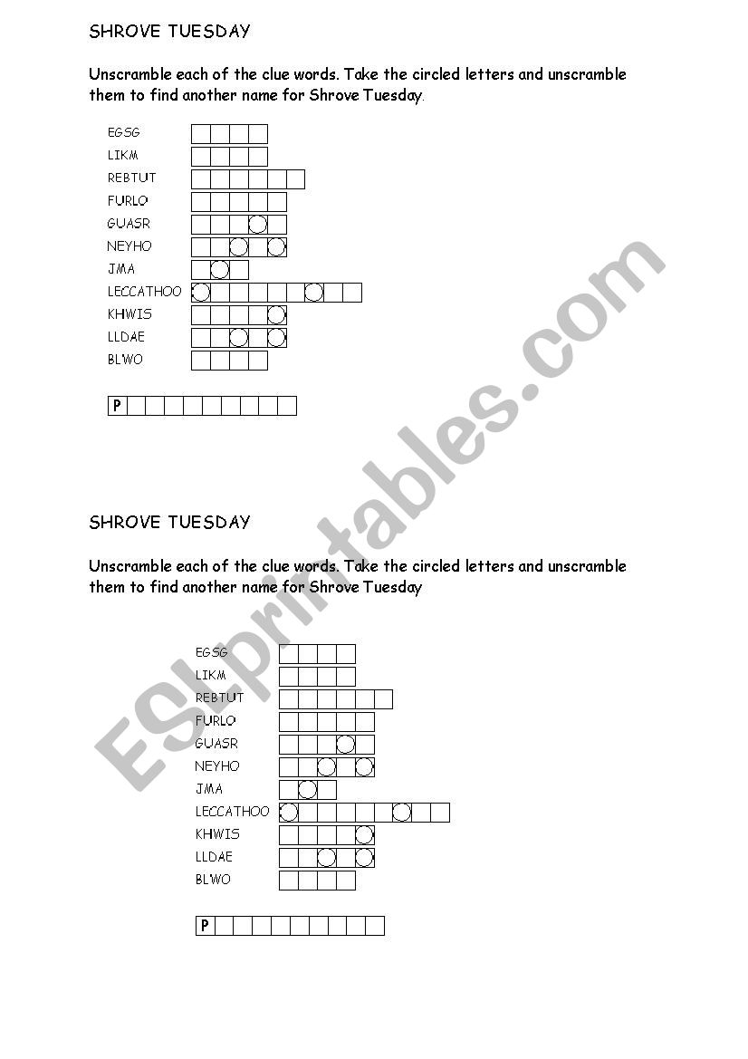 Shrove tuesday scramble worksheet
