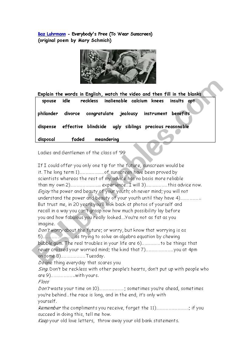 WEAR SUNSCREEN WORKSHEET WITH KEY