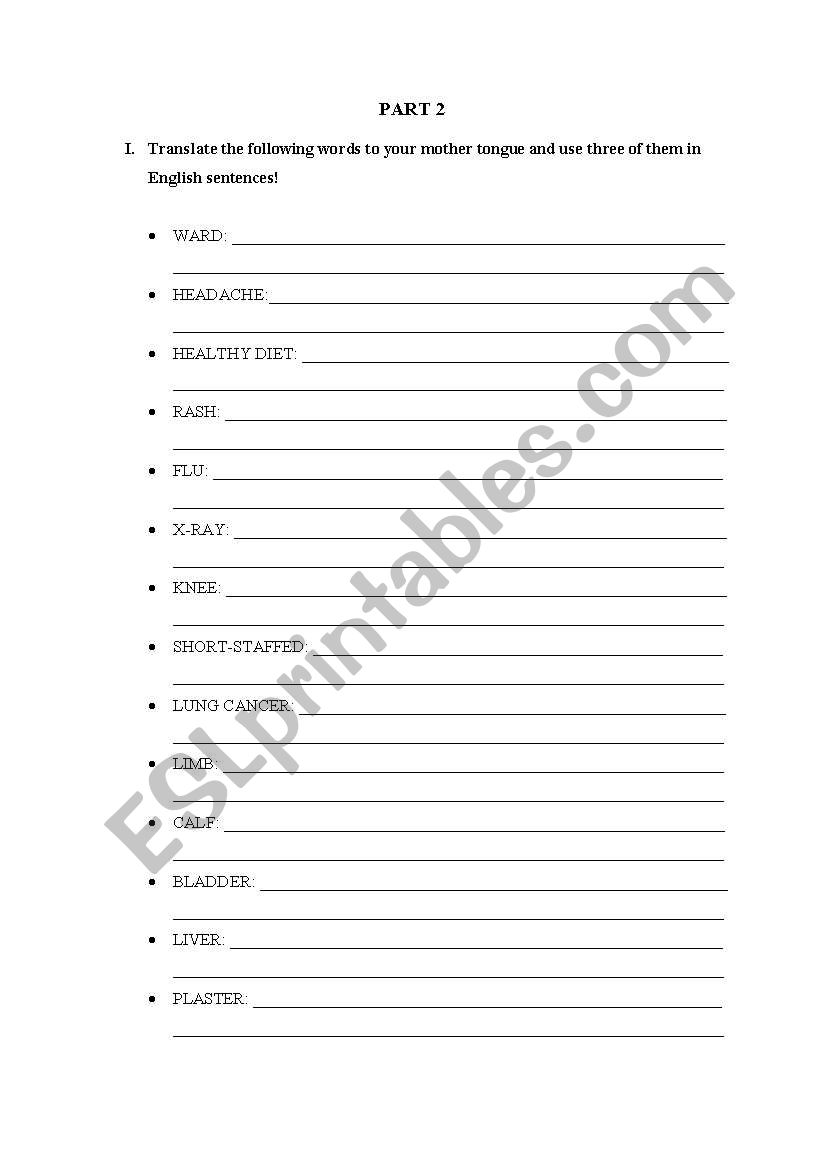 Medical English test worksheet