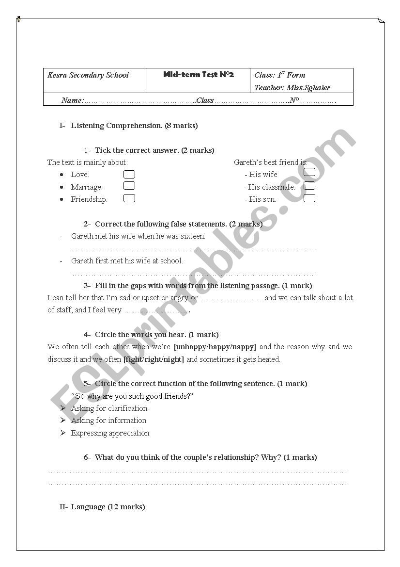 2nd mid term test (1st from) worksheet