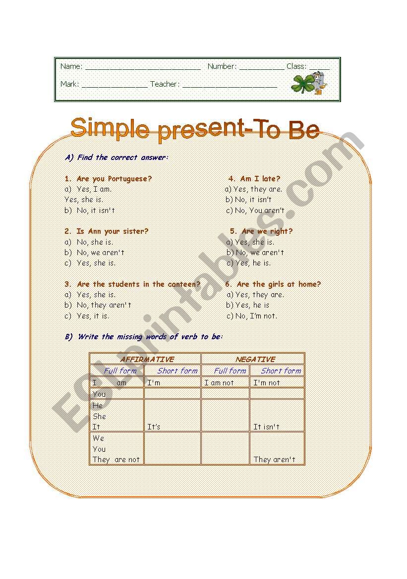 TO BE - Present simple worksheet