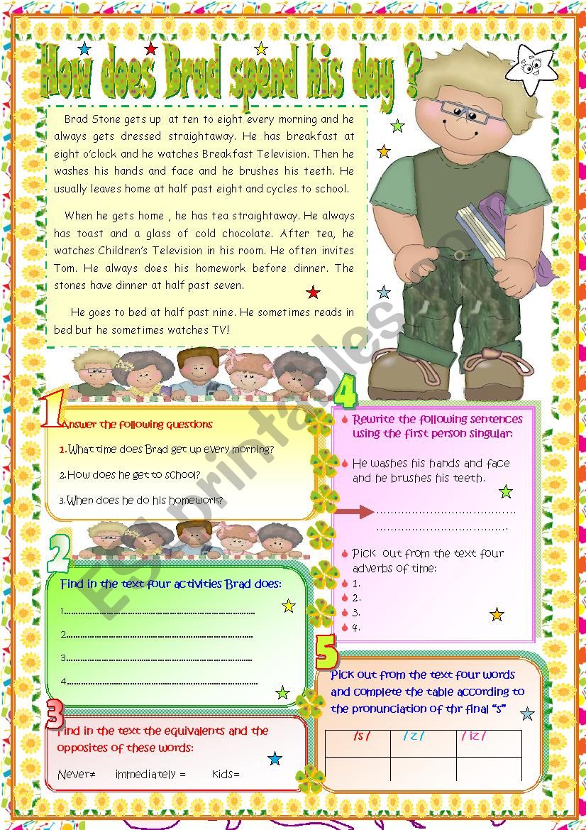 How does Brad spend his day? worksheet