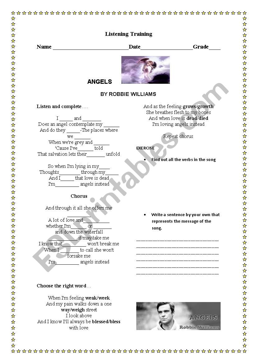 Angels Song worksheet