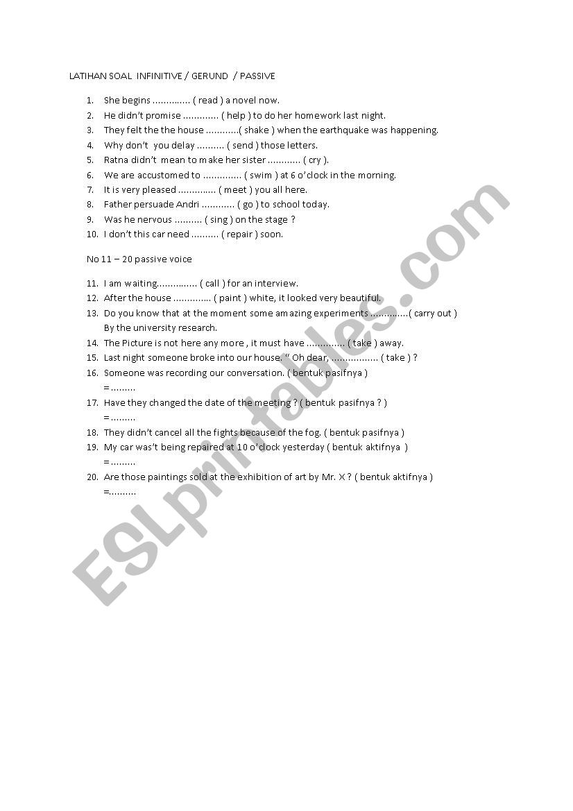 infinitive worksheet worksheet