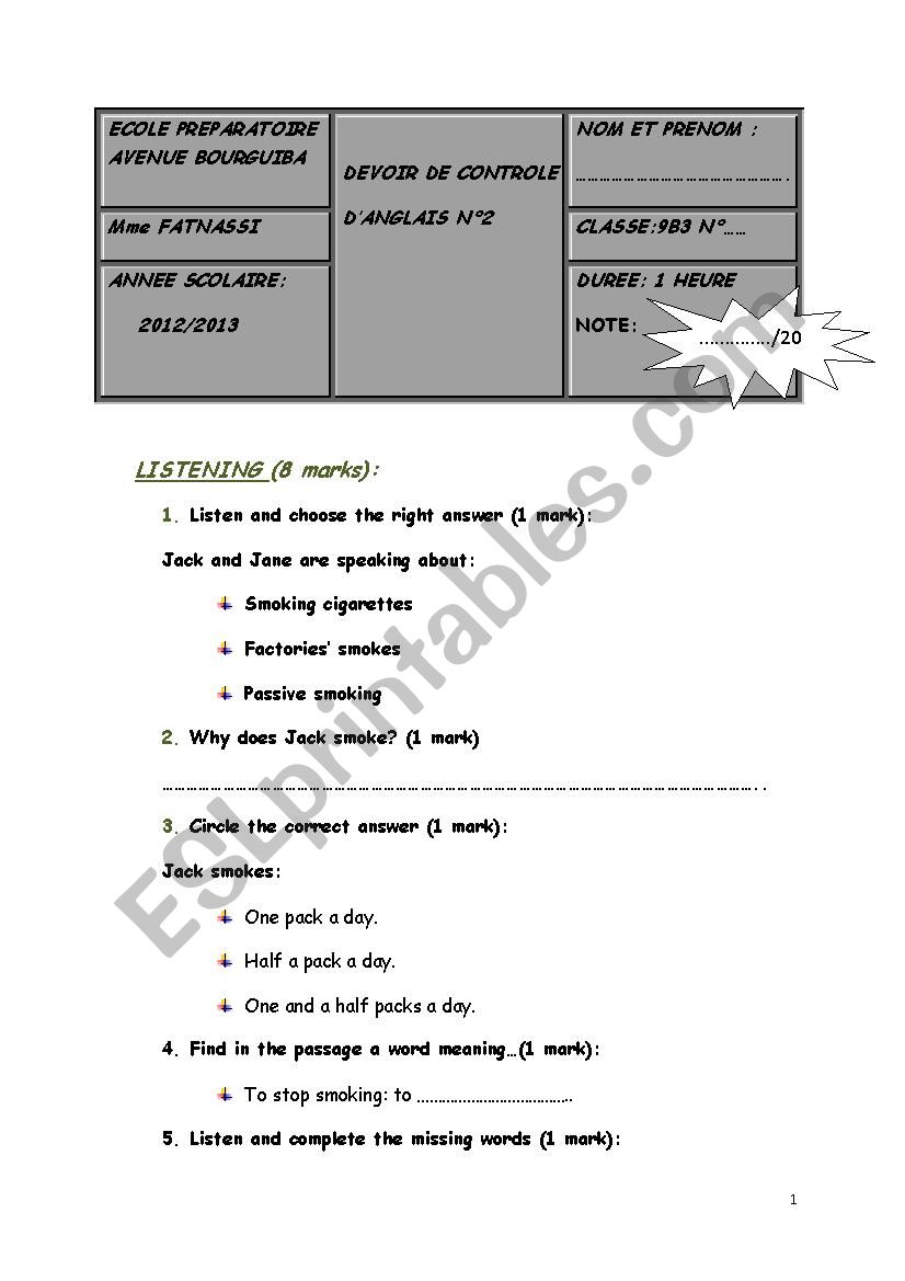 mid term test2 for 9 TH FORM TUNISIAN PUPILS