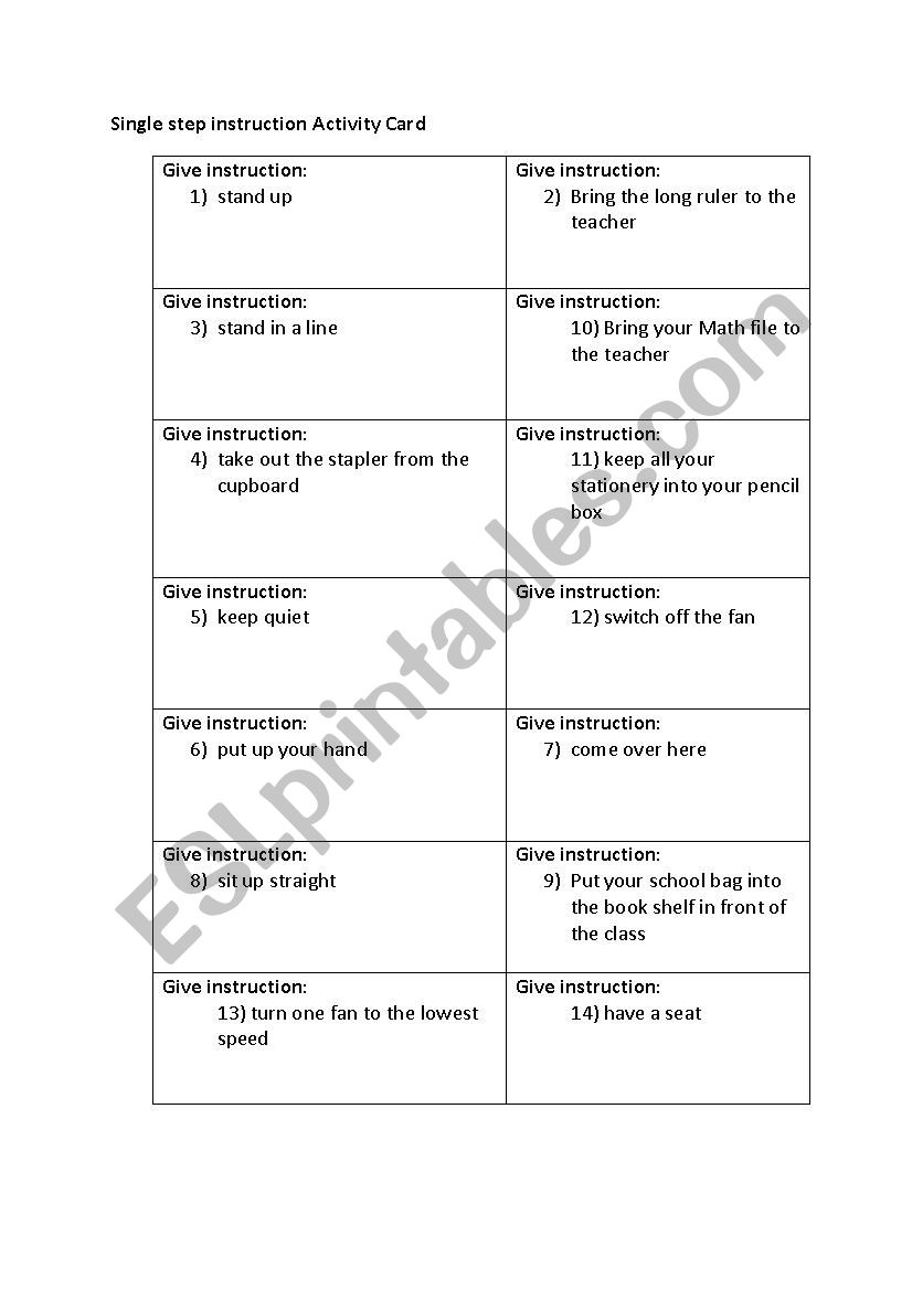 give single step instructions worksheet