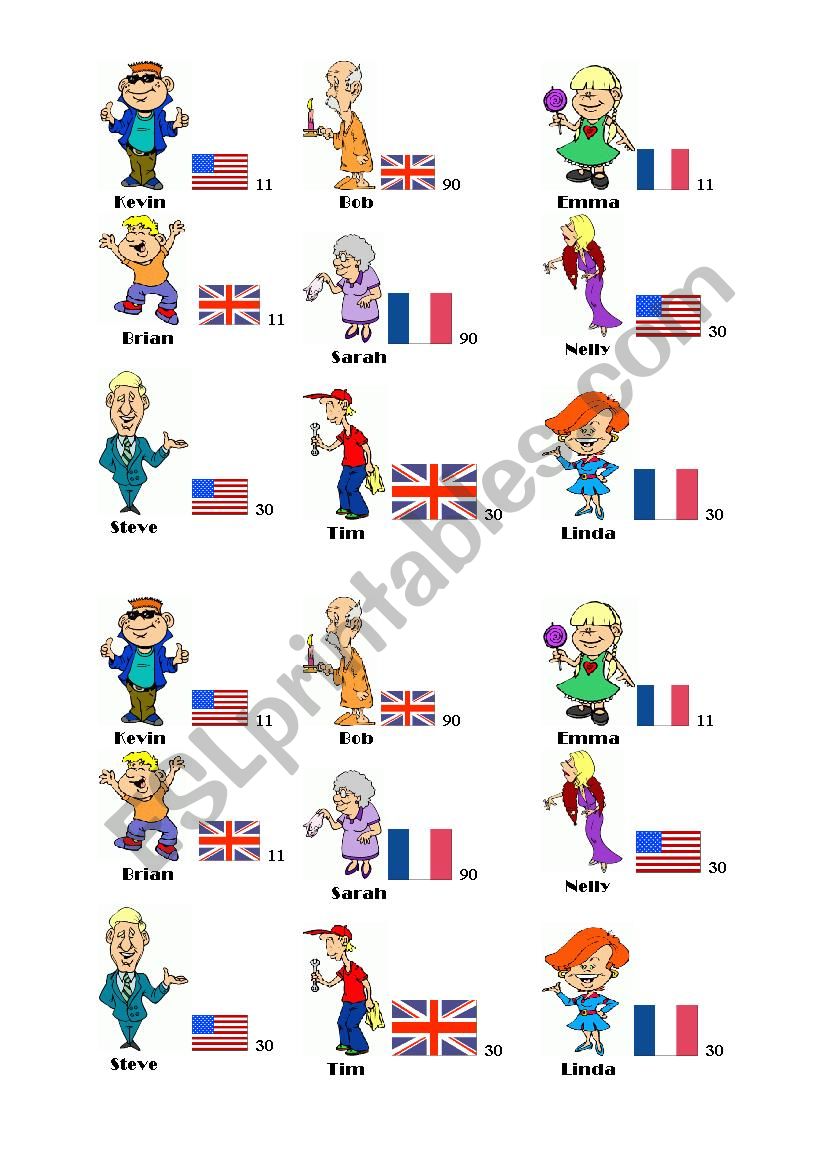 Game : ages, nationalities worksheet