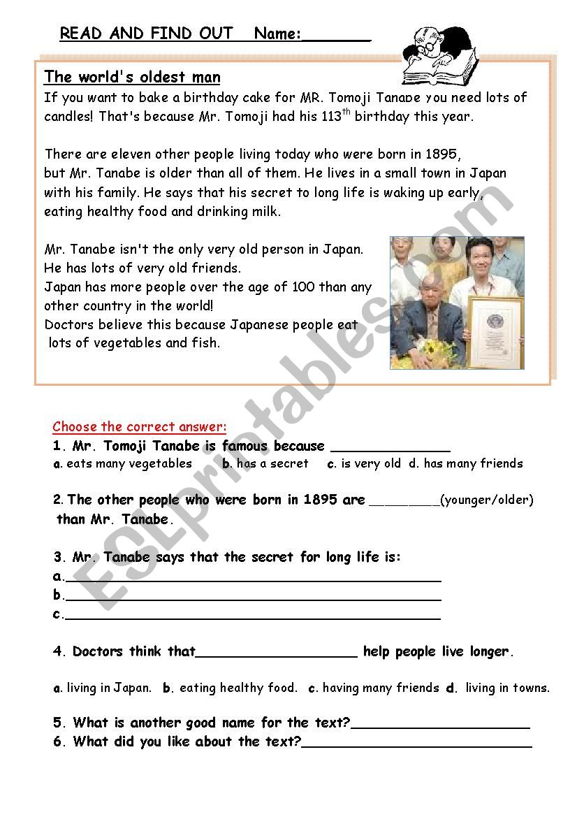 The oldest man in the world worksheet