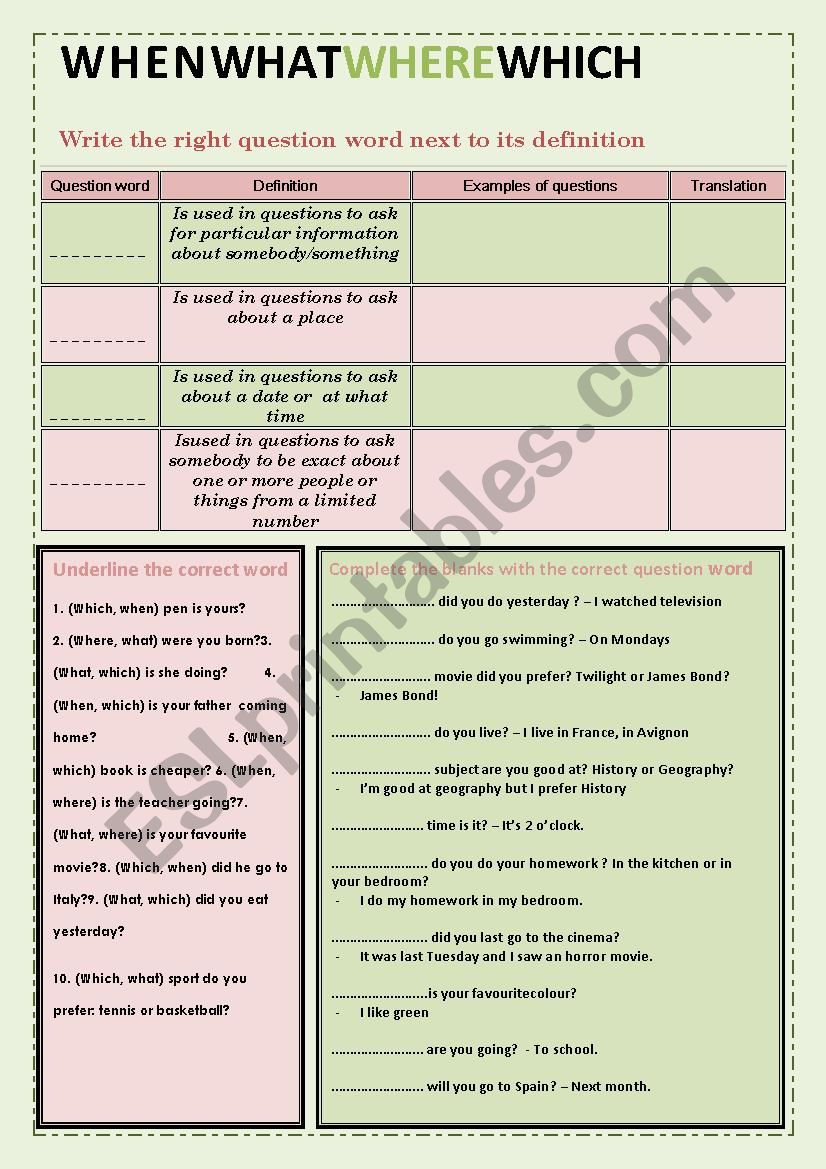 WHAT - WHEN - WHERE - WHICH worksheet