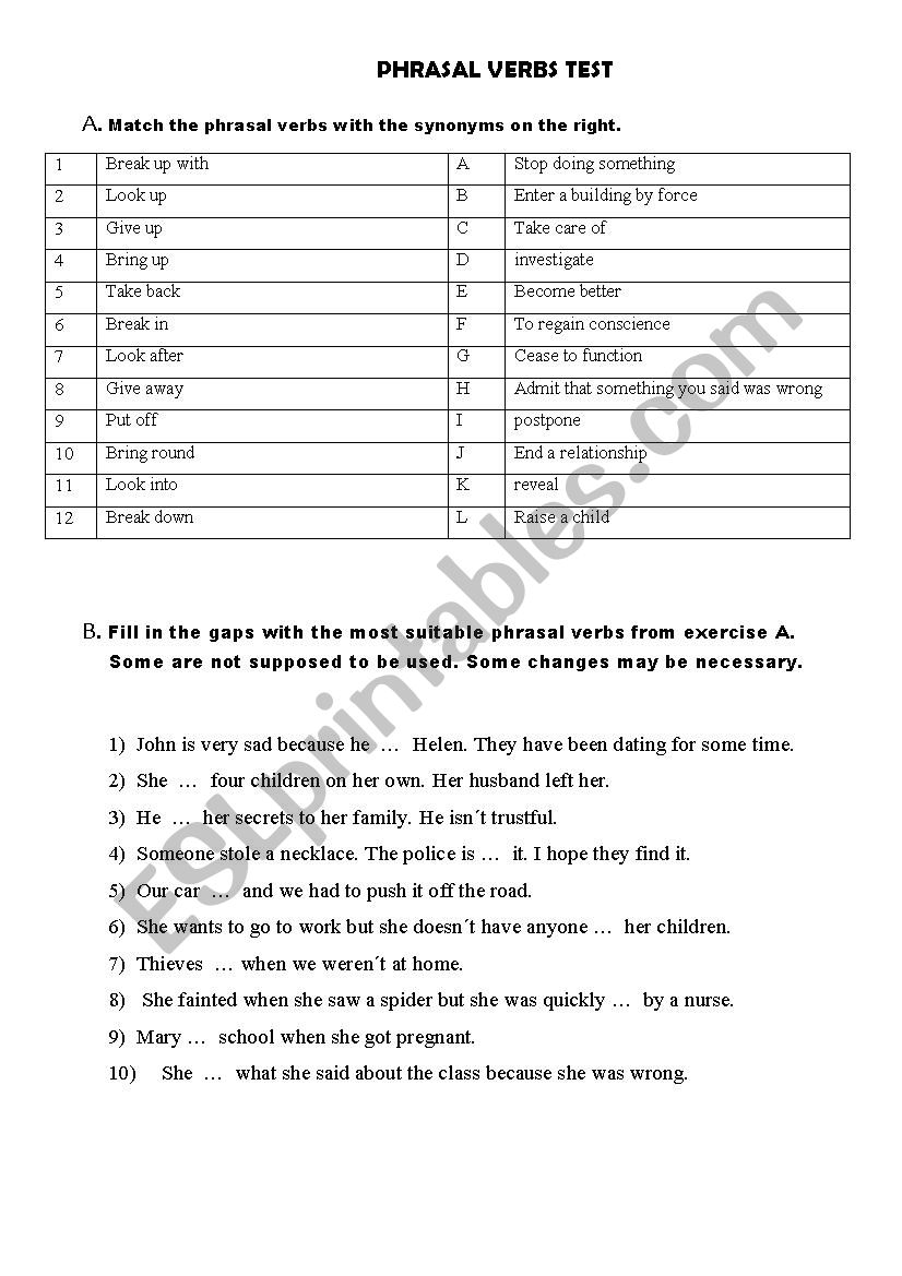 TEST ABOUT PHRASAL VERBS worksheet