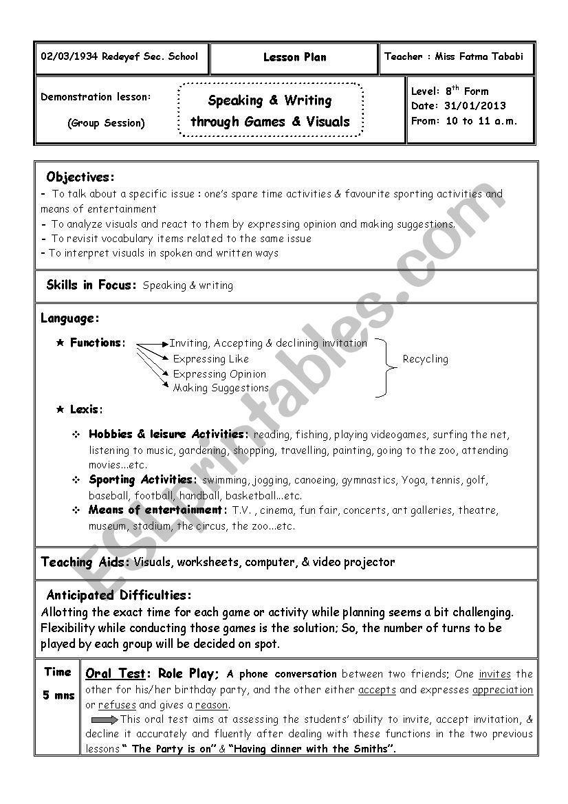 Demonstration lesson:Speaking & Writing through Games & Visuals   8th form (part1: Lesson Plan)                          