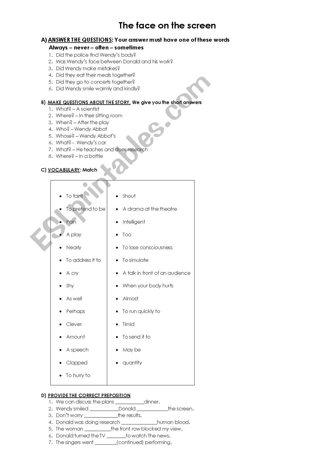 The face on the screen worksheet
