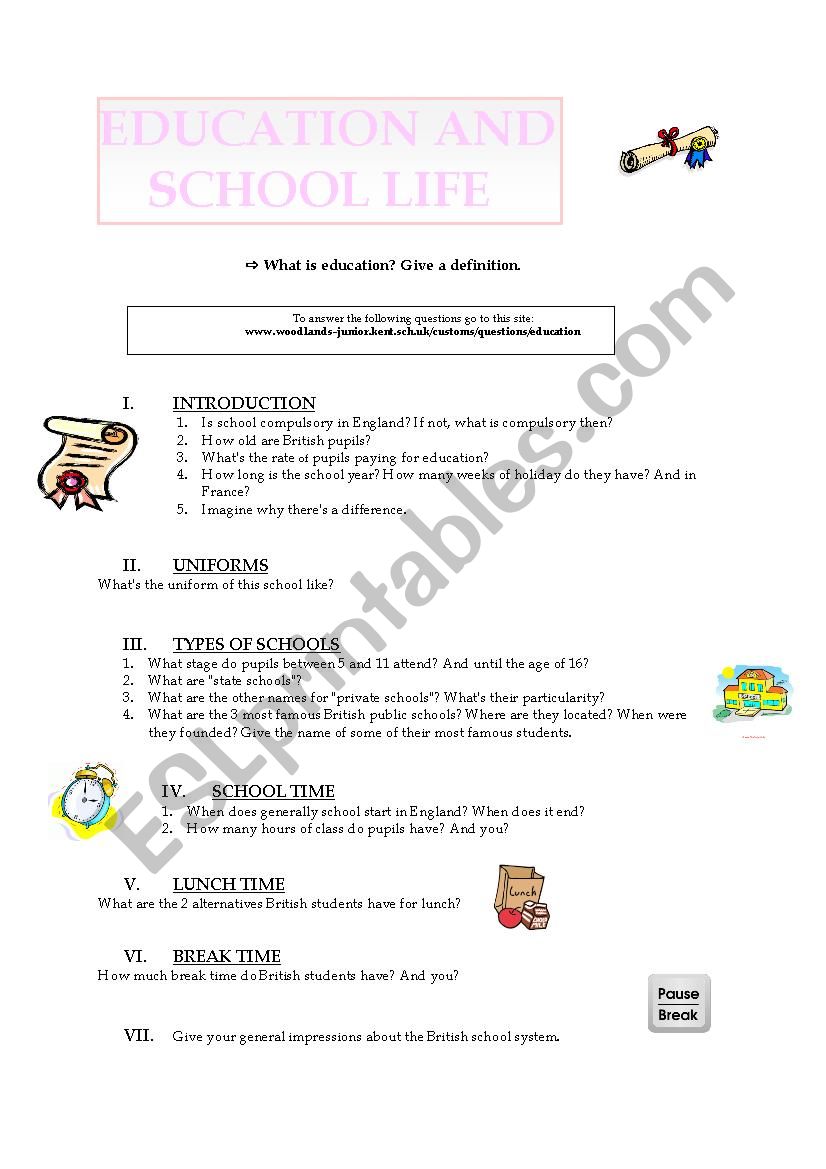 Education and school life worksheet