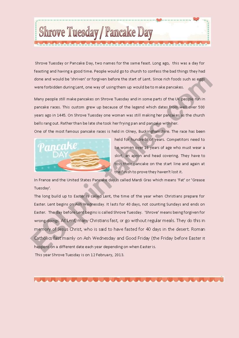 Pancake Day  worksheet